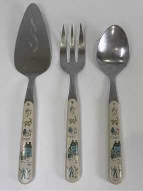 Heartland International 3 Pc Serving Set Fork Spoon Pie Server Folk Art Stainles